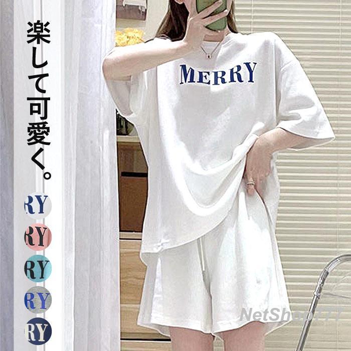 乐天商城 - セットアップ 2点セット レディース シャツ 半袖 トップス カットソーパンツ ボトムス 夏 ショート ウエストゴム075