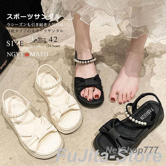 乐天商城 - サンダル 厚底 レディース パール付き リボン付き ストラップサンダル フラットヒール 歩きやすい 履きやすい 黒 白 韓国風 可愛い おしゃれ 美脚 カジュアル
