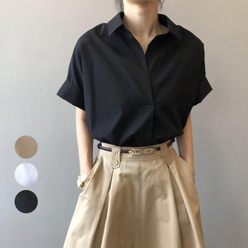 乐天商城 - シャツ 半袖 レディース 夏 ドルマンスリーブ 白シャツ 黒シャツ プルオーバー カジュアル シンプル 無地 ホワイト ブラック 通学通勤 仕事 かんたん 春夏