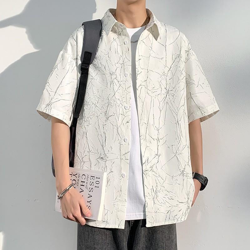 乐天商城 - 半袖シャツ メンズ オーバーサイズ ワッシャー加工 総柄 シティーボーイ 夏 カジュアル ビッグシルエット ストリート 涼しい トップス
