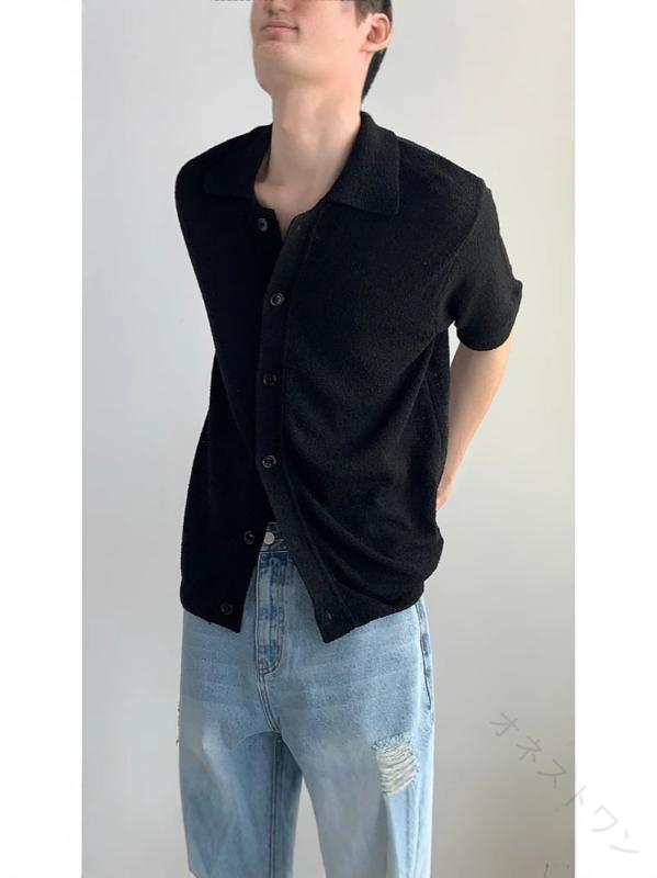 メンズ ポロ 開襟 カーディガン Tシャツ 接触冷感 軽量 高級感 ニット セーター 潮男風 通気性 ゆったり 半袖 トップス 綿素材 夏 春夏 軽快 日常使い 吸湿速乾 ストレッチ ニットウェア