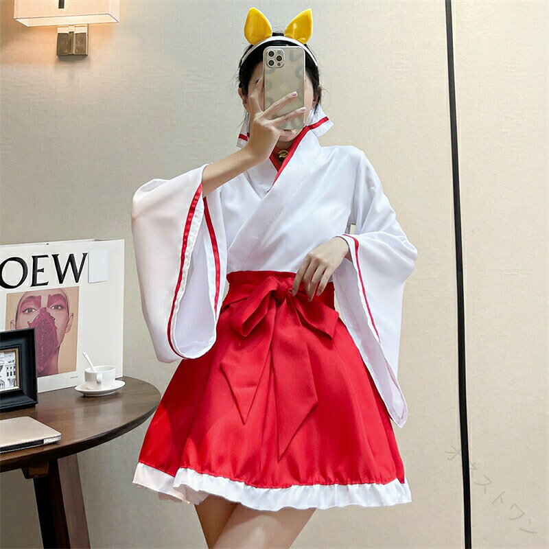 オネストワンの巫女 コスプレ 巫女さん 仮装 5点セット コスチューム衣装 巫女服 レディース 巫女 衣装 巫女装束 和服 着物 ミニ丈 みこ衣装 イベント ハロウィン 白×赤 大きいサイズ S M L XL 2XL 3XL 4XL 5XL｜アングル2