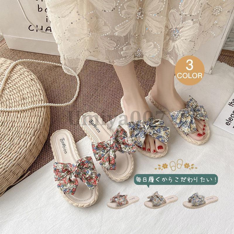 乐天商城 - ぺたんこサンダル 花柄 海 サマー リボンサンダル リゾートサンダル 歩きやすい ヒールサンダル 痛くない レディース かわいい おしゃれ 夏