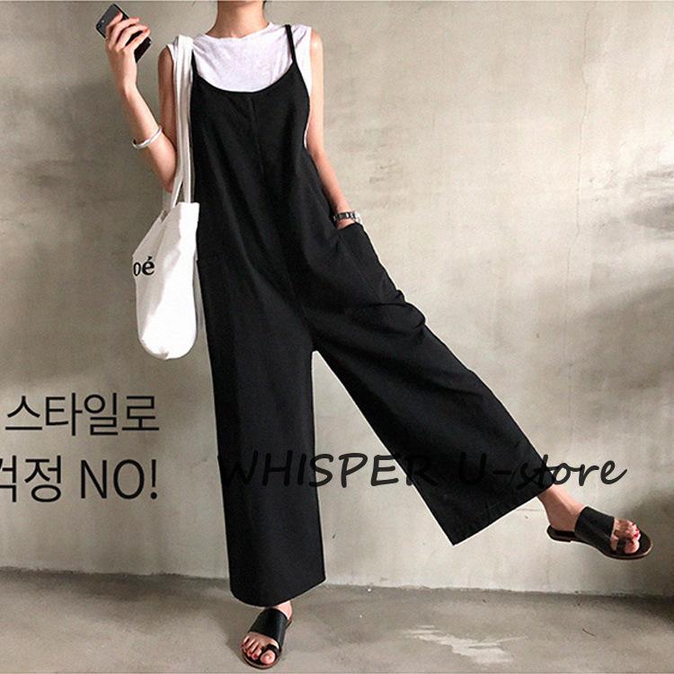 Rakuten - サロペット オーバーオール バックフリルサロペット カジュアル 麻混 ゆったり つなぎ 春 サルエル パンツ 大人 かわいい ロング丈 ワイド 大きいサイズ