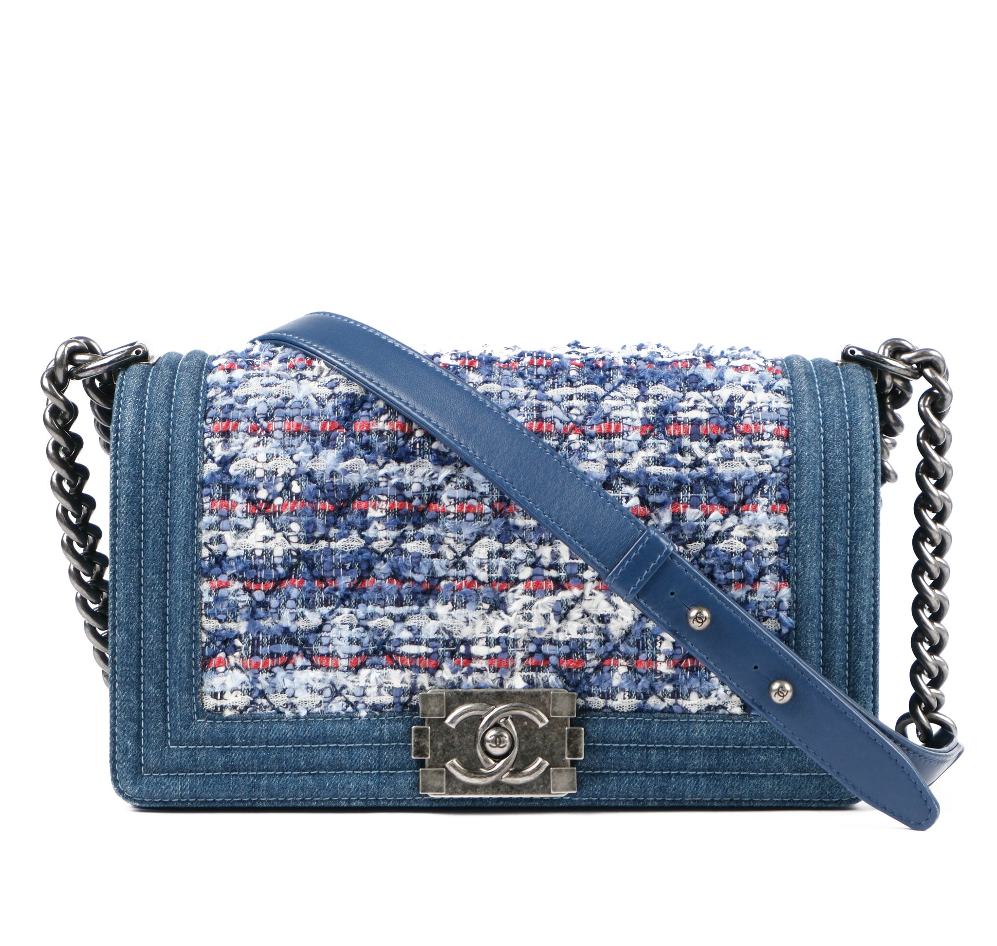 【美品】【中古】CHANEL シャネル ボーイシャネル25 デニム×ツイード チェーンショルダーバッグ ブルー シルバー金具 19番台 レディース クラッチバッグ 2WAY 高級