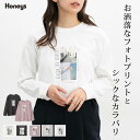 ■特別クーポン配布中■トップス カットソー 長袖 コットン 綿 Tシャツ フォトプリント クルーネック レディース Honeys ハニーズ フォトプリントTシャ...