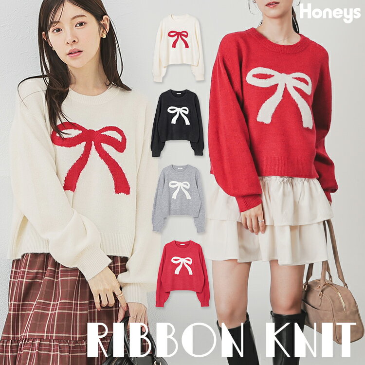 ＜期間限定価格＞トップス ニット セーター 長袖 リボン柄 再生ポリエステル ウール混 アクリル混 クル..