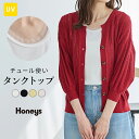 ■特別クーポン配布中■トップス タンクトップ UVカット 再生ポリエステル クルーネック チュール 綿混 テレコ素材 無地 レディース Honeys ハニーズ ...