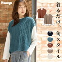 ■スーパーSALE特別クーポン配布中■トップス ベスト Tシャツ ロンT 長袖Tシャツ ニット ノースリーブ セット商品 クルーネック アクリル 綿 レディース Honeys ハニーズ Tシャツ付ニットベスト