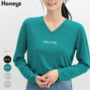 ■特別クーポン配布中■トップス Tシャツ カットソー 長袖 ロンT 長袖Tシャツ ロゴ Vネック ボーダー レーヨン混 カジュアル レディース Honeys ハニーズ ロゴVネックTシャツ