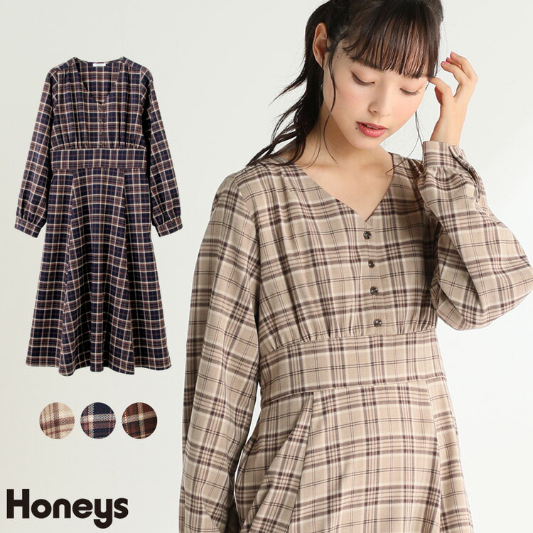 ワンピース レディース 長袖 ロング Vネック チェック 秋 Honeys ハニーズ Vネックワンピース Web限定llサイズ有 1ページ ｇランキング