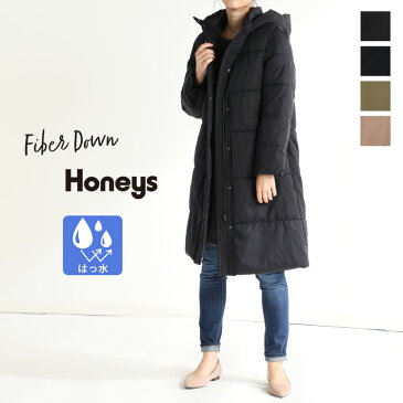 コート ジャケット レディース ロング ダウン風 通勤 カジュアル フード 撥水 冬 SALE セール Honeys ハニーズ ファイバーダウンコート