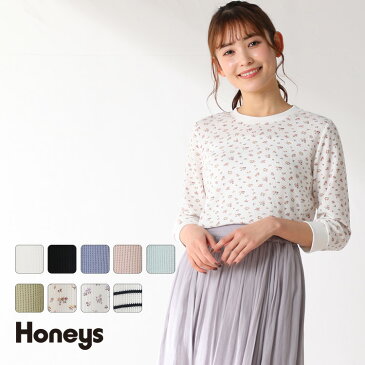 【特別クーポン配布中】トップス Tシャツ 7分袖 無地 花柄 ボーダー クルーネック ワッフル レディース 春 Honeys ハニーズ 7分袖ワッフルクルーT