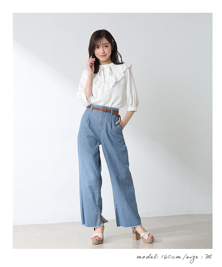 トップス ブラウス レース リボン 無地 花柄 ふりふり ガーリー ボリューム袖 レディース 春 夏 Honeys ハニーズ フリルブラウス