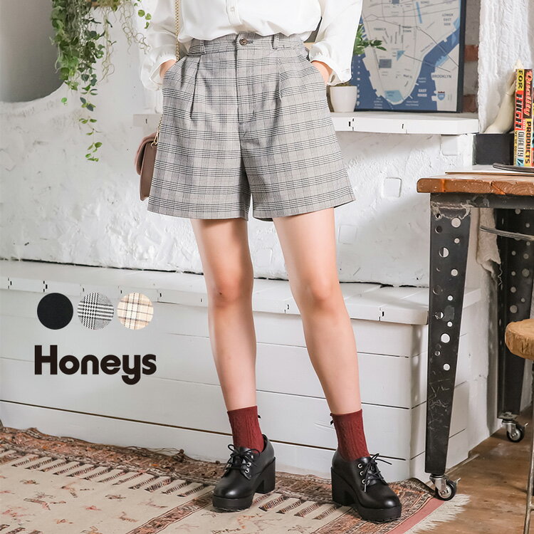 パンツ ショートパンツ ストレッチツイル 無地 チェック 美脚 おしゃれ レディース 秋 冬 SALE セール Honeys ハニーズ ショートパンツ