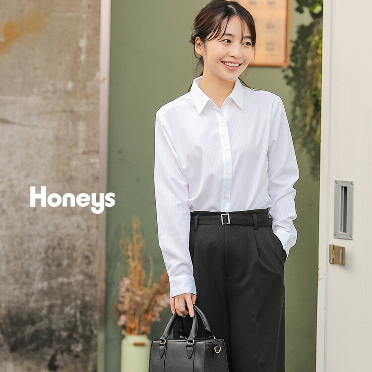 トップス シャツ スキッパー Vネック 長袖 オフィス レディース 春 夏 秋 冬 Honeys ハニーズ 織り柄スキッパーシャツ