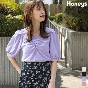 トップス カットソー 半袖 ギャザー レース Vネック ボリューム袖 華やか おしゃれ レディース 夏 Honeys ハニーズ レーストップス