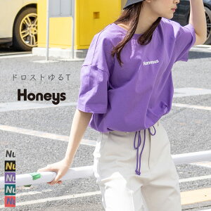 トップス Tシャツ 半袖 綿 ドロスト リボン ロゴ ショート丈 クルーネック レディース 夏 Honeys ハニーズ 裾ドロストゆるT