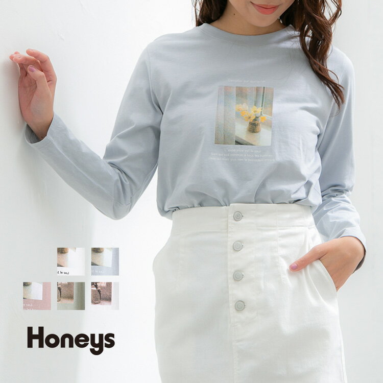 トップス Tシャツ ロンT 長袖 フォトプリント 綿 コットン 大人カジュアル レディース 春 Honeys ハニーズ フォトプリントTシャツ