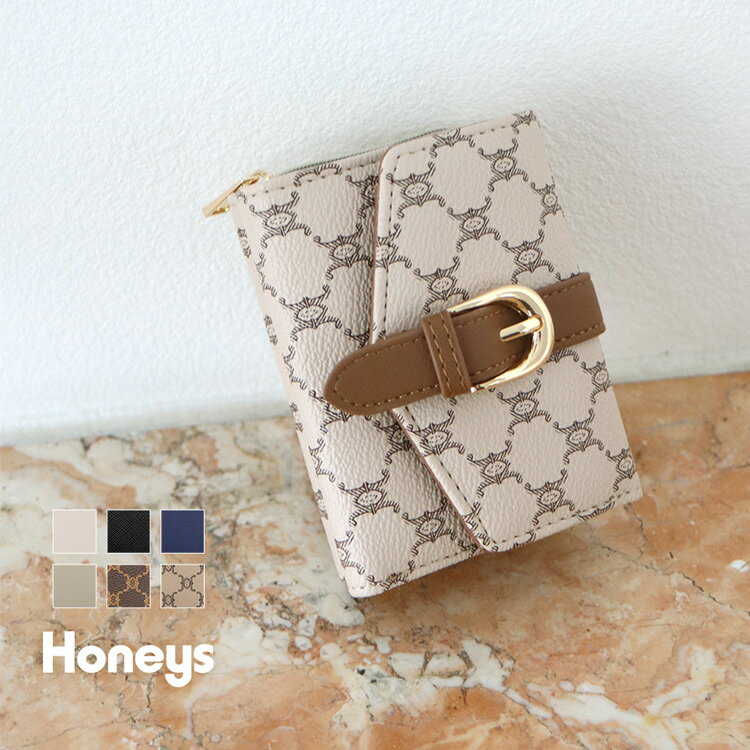 財布 ウォレット お財布 コンパクトサイズ 無地 モノグラム柄 フェイクレザー レディース Honeys ハニーズ ベルトモチーフウォレットのサムネイル