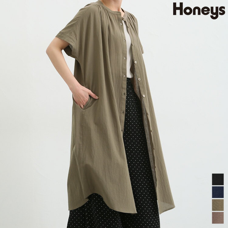 ワンピース シャツワンピ 半袖 バンドカラー 綿 コットン レイヤード 無地 レディース 夏 Honeys ハニーズ マオカラーワンピースのサムネイル