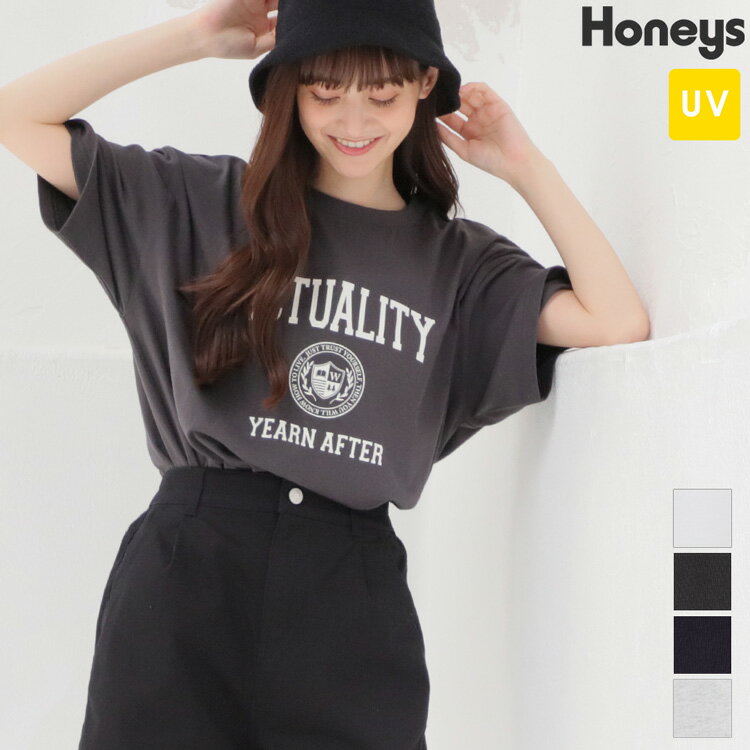 トップス Tシャツ カットソー 半袖 UVカット 綿 オーバーサイズ ラフ レディース 夏 SALE セール Honeys ハニーズ カレッジロゴゆるTシャツ