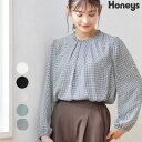 トップス ブラウス 長袖 無地 千鳥柄 フリル 裏地 オフィス 大きいサイズ レディース 秋 Honeys ハニーズ フリルネックブラウス