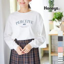 トップス カットソー ロンT 長袖 ビックロゴ 綿 コットン オーバーサイズ レディース 秋 Honeys ハニーズ プリントTシャツ