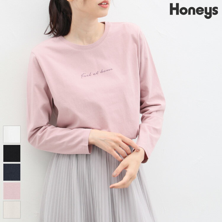 トップス カットソー ロンT 綿 コットン ロゴ クルーネック ゆったり カジュアル レディース 秋 Honeys ハニーズ プリントTシャツ