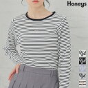 ■特別クーポン配布中■SALE トップス カットソー Tシャツ 長袖 ロゴ 刺繍 配色 ボーダー テレコ おしゃれ レディース 秋 セール Honeys ハニー...