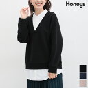 トップス シャツ 重ね着風 長袖 Vネック ゆったり きちんと感 レディース Honeys ハニーズ レイヤード風バンドカラー