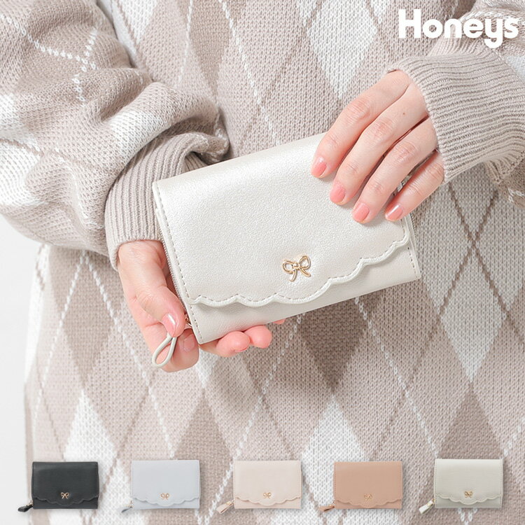 財布 ウォレット フェイクレザー スカラップ リボン 可愛い フェミニン コンパクト レディース Honeys ハニーズ スカラップウォレットのサムネイル
