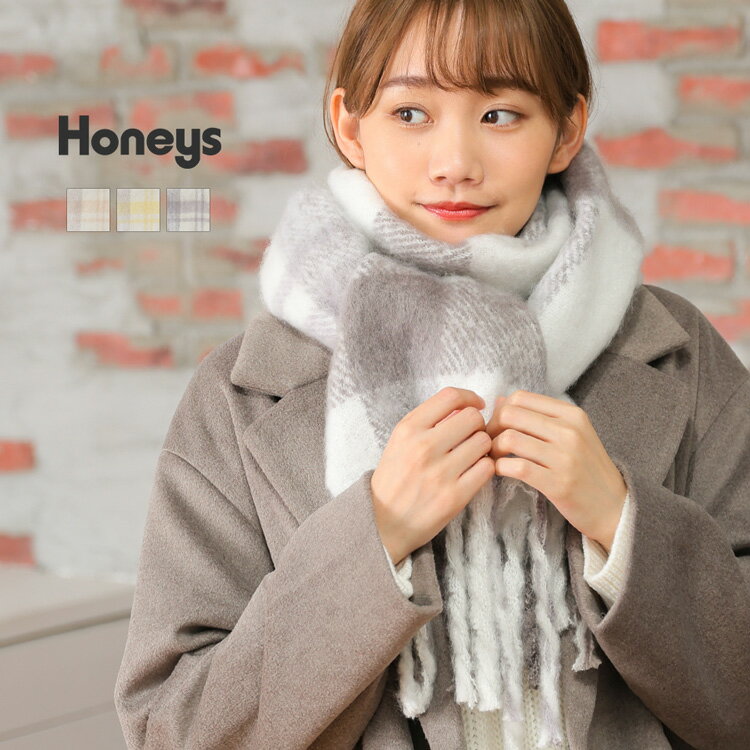 マフラー ストール 巻物 通勤 通学 厚手 起毛 あったか 大判 チェック柄 レディース 冬 Honeys ハニーズ 太フリンジマフラー／柄のサムネイル