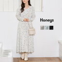 ■特別クーポン配布中■SALE ワンピース レディース 長袖 ロング 花柄 きれいめ 大きいサイズ 白 ミント 黒 セール Honeys ハニーズ Vネックワン...