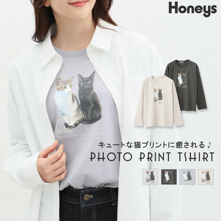 スーパーSALE限定タイムセール★トップス ロンT 長袖 Tシャツ 綿100％ コットン ネコ 猫 可愛い 白 スミクロ レディース Honeys ハニーズ フォトプリントTシャツ