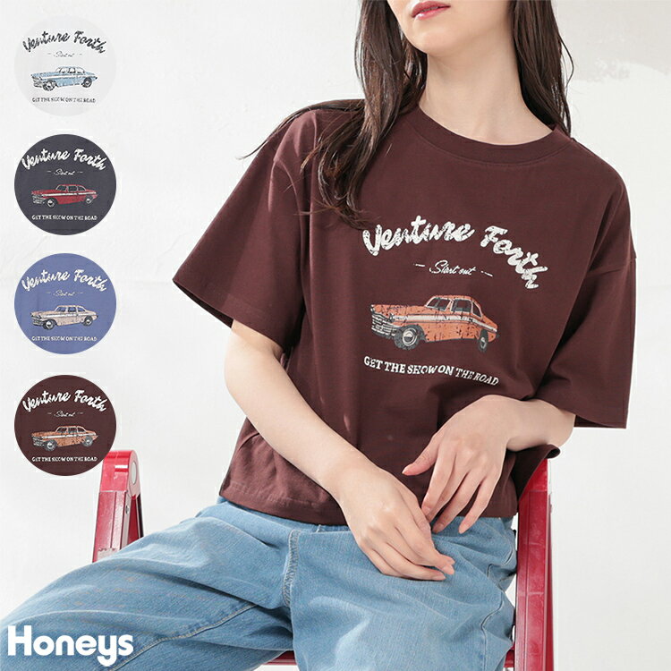 トップス Tシャツ レディース 白 ロゴ プリント 半袖 カジュアル UVカット 綿100％ 夏 Honeys ハニーズ ロゴプリントTシャツ