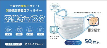 【 在庫あり 】3層構造高密度フィルター不織布マスク大人用 100枚(50枚*2箱)【 送料無料 】