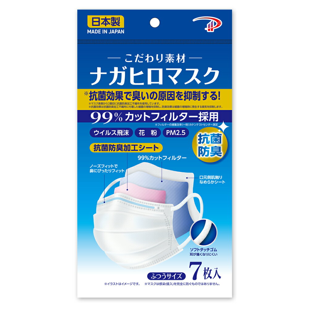 1， 日本国内工場にて生産を行っております。SEK認証の抗菌防臭不織布を使用し、ウィルス、細菌、花粉、微粒子等の侵入をブロックする3層構造高密度フィルター&#10010;抗菌防臭不織布採用、ウィルス飛沫カット、防水性あり、日常生活の抗菌・防臭・消臭対策にも効果を発揮します。 2， 認証：「全国マスク工業会会員」、一般財団法人カケンテストセンターにてウィルス 飛沫 微粒子 花粉99％カットと抗菌効果有りの認証済み。安心してご使用いただけます。 3， 耳ゴムにはやわらかな平ゴム（約5mm）を採用。長時間使用しても耳が痛くなりにくい仕様です。ノーズフィットによりマスクがずれにくく、すき間を低減。立体プリーツ構造なので、口元に空間ができやすく、息苦しさを軽減します。 4， 安全安心な素材： 【本体】ポリプロピレン 【耳部】ポリウレタン、ポリエステル【ノーズワイヤー部】ポリエチレン【色】ホワイト 【製造国】日本 5， サイズ（約）：90mm x 175mm(レギュラーサイズ)、男女兼用。 入数 : 7枚。 6， 対象：ウィルス、細菌、PM2.5、飛沫などを防ぐことができます[感染（侵入）を完全に防ぐものではありません]。 【使用上の注意】 ・本品は有害な粉塵やガス等が発生する場所での使用や、それを防ぐ目的には使用できません。 ・肌に異常がある場合や、かゆみ・かぶれ・発疹等の症状が現れた時は、 ただちに使用中止し医師にご相談ください。 ・使用時の不織布のニオイなどで気分が悪くなった場合には、 使用中止してください。 ・本品は使い切りです、洗濯による再使用はできません。 ・環境や個人差などにより、眼鏡が曇ることがありますので、 運転の際などは十分に注意してください。 ・マスクの上部にノーズフィットワイヤーが付いていますので、 取り扱いに注意してください。 ・乳幼児の手届かない所に保管してください。 ・湿気のない清潔な場所に保管してください。 ・仕様・外観は改良のため、予告なく変更になる場合があります。