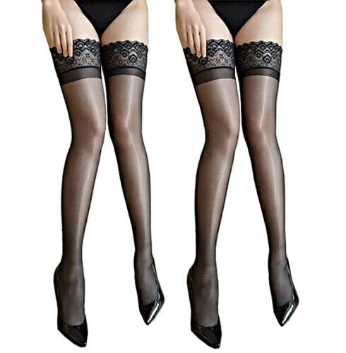 ガーターストッキング 光沢 【2足セット】ふともも丈 シリコン ストッパー付き 15デニール