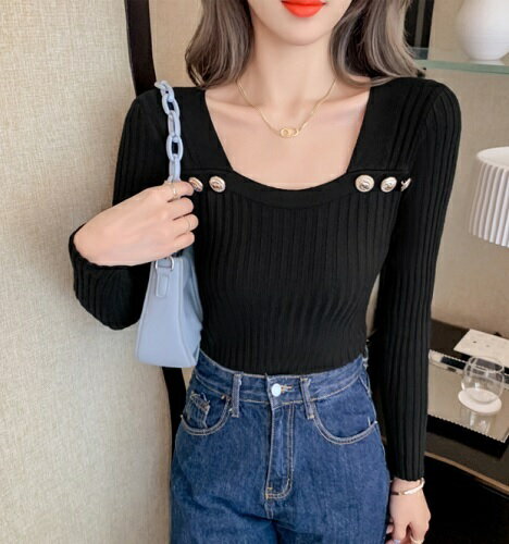 春秋　レディース　リブニット　トップス　スリムフィット　シャツ　ブラウス　3色展開　フリーサイズ　金ボタンデザイン