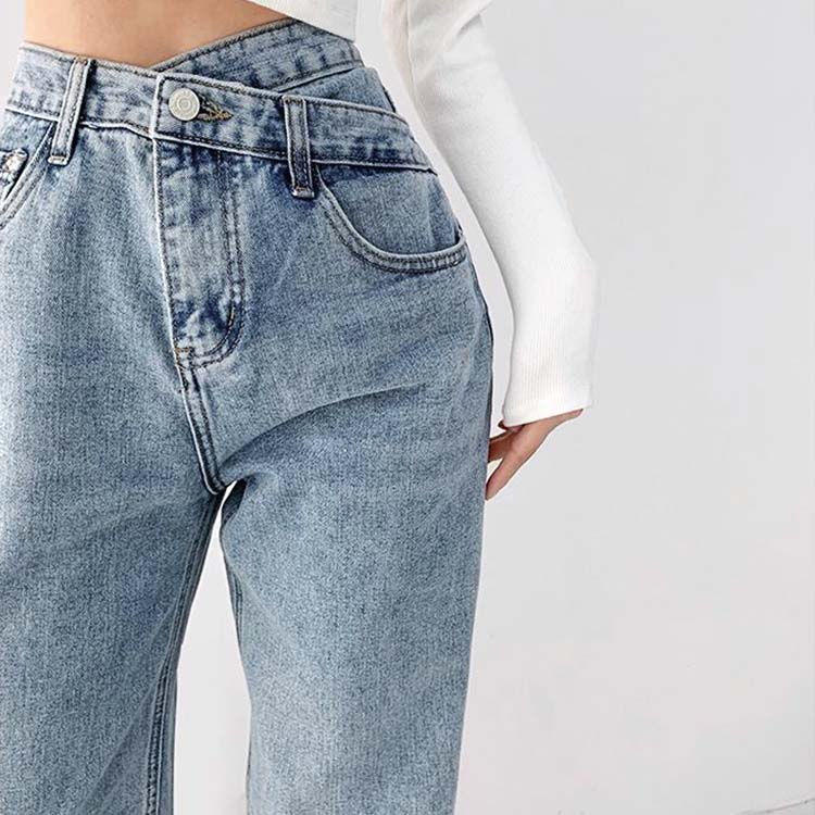 乐天商城 - デニム レディース パンツ ストレート ウオッシュ加工 おしゃれ 個性的 アシンメトリー クロスデザイン ロングパンツ 韓国 セクシー ロング