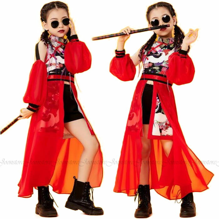 乐天商城 - 女の子ダンス衣装 漢風 子供 中華風 ジャズダンス hiphop jazz 衣裳 キッズ チアガール ロング丈 チャイナドレス 改良版 中華服 和風 演出服 インナーパ シフォンスカート フリル付け袖