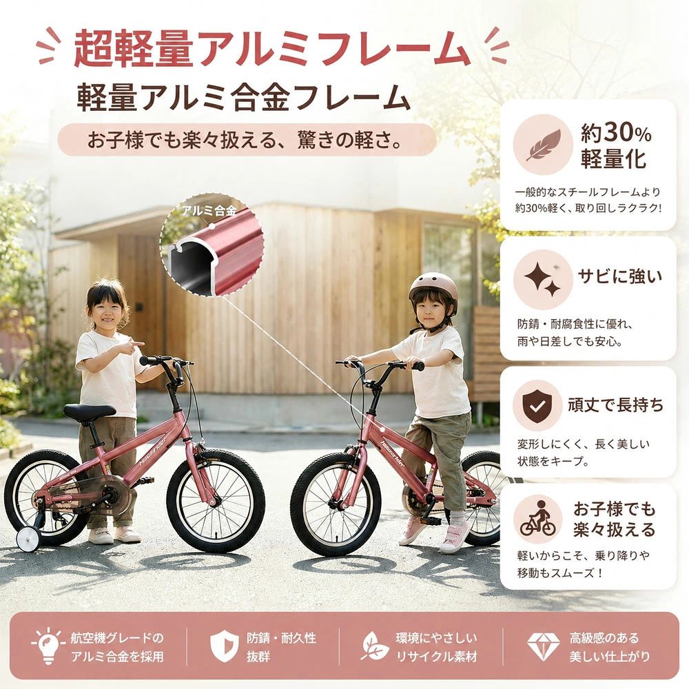 泓洋グロウのキッズ自転車 子供用自転車 キッズバイク 16インチ 組立簡単 取り外し可能補助輪 高強度フレーム 安心設計 防錆コーティング ノーパンク｜アングル3