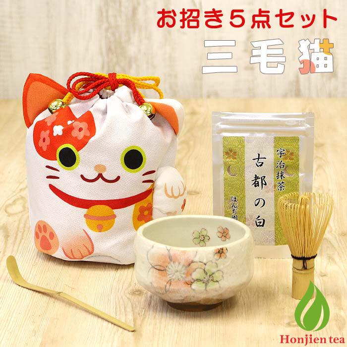 【茶道具 セット】お招き5点セット 三毛猫 【 茶道 抹茶セット 初心者 茶筅 抹茶 茶碗 携帯茶道具 野点セット 巾着セット 】（z）【別倉庫発送】