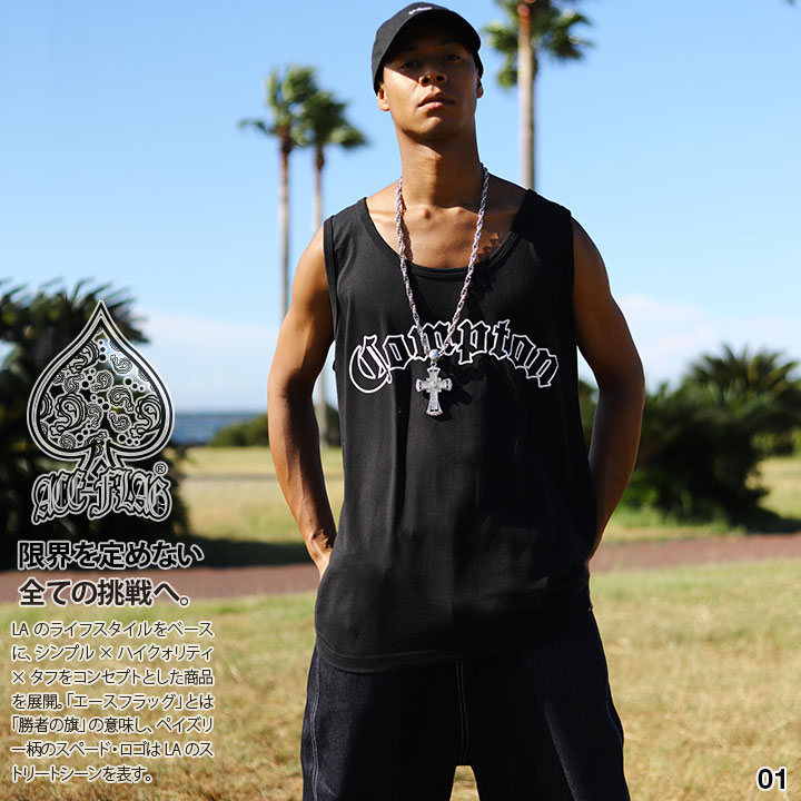 ACE FLAG 上下セット ノースリーブ Tシャツ デニム ハーフパンツ メンズ 黒/白 大きいサイズ エースフラッグ セットアップ Compton コンプトン ビッグシルエット b系 ヒップホップ ダンス ストリート系 AF-SE-TK-021