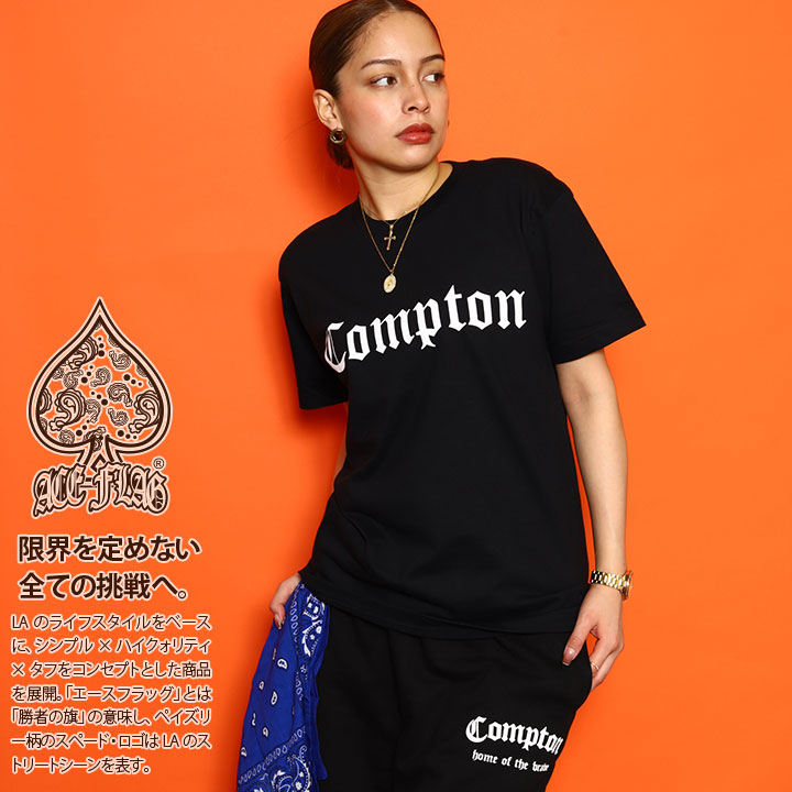 ACEFLAG Tシャツ 半袖 レディース 白 黒 大きいサイズ ビッグシルエット エースフラッグ かわいい キュート Compton コンプトン ロゴ b系 ヒップホップ ファッション ダンス ストリート系 AF-TS-TS-029