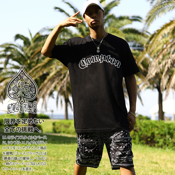 ACE FLAG 上下セット 半袖 ブランド Tシャツ ハーフパンツ メンズ 春夏用 黒 大きいサイズ エースフラッグ セットアップ LA Compton コンプトン b系 ヒップホップ ファッション ダンス ストリート系 新作 AF-SE-TS-051