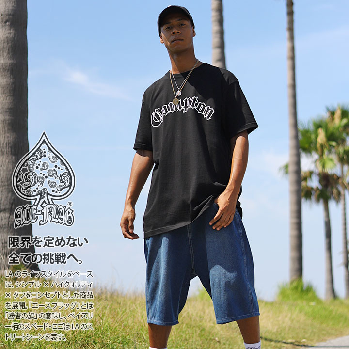 ACE FLAG 上下セット 半袖 Tシャツ デニム ハーフパンツ メンズ 大きいサイズ エースフラッグ セットアップ ゆったり Compton コンプトン ロゴ ビッグシルエット b系 ヒップホップ 新作 AF-SE-TS-086