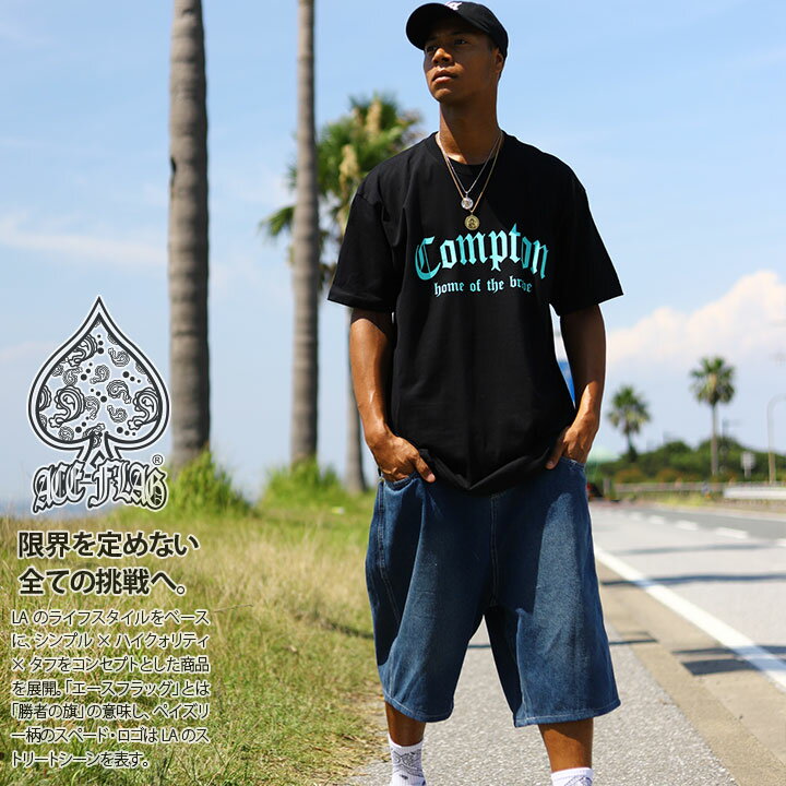 ACE FLAG 上下セット 半袖 Tシャツ デニム ハーフパンツ メンズ 春夏用 黒 大きいサイズ エースフラッグ セットアップ Compton コンプトン ロゴ ビッグシルエット ミント b系 ダンス ストリート系 ハイ AF-SE-TS-087