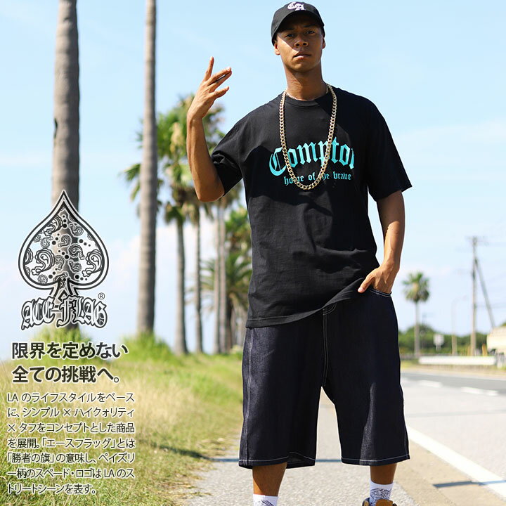 ACE FLAG 上下セット 半袖 Tシャツ デニム ハーフパンツ メンズ 春夏用 黒 大きいサイズ エースフラッグ セットアップ Compton コンプトン ロゴ ビッグシルエット ミント ストリート系 ハイ 夏 新作 AF-SE-TS-093